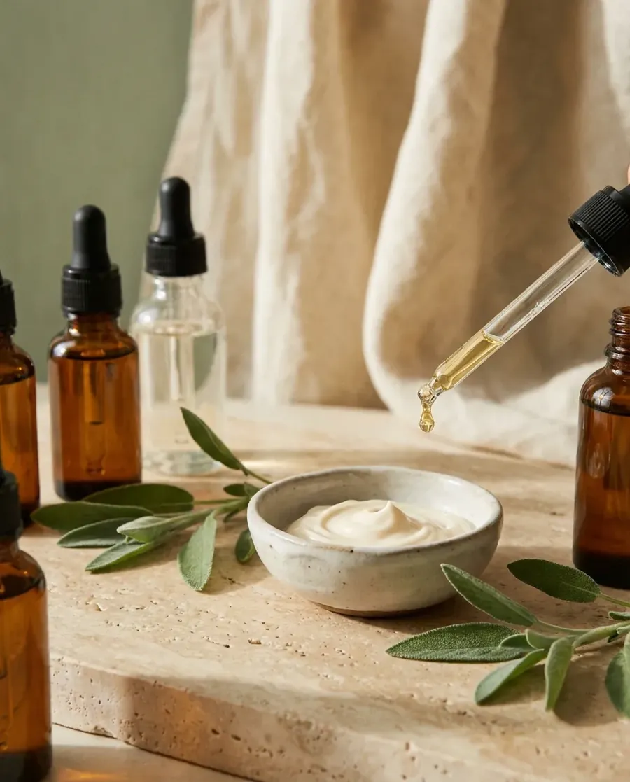 Glass skincare bottles, a dish of cream and fresh sage leaves on warm stone in morning light